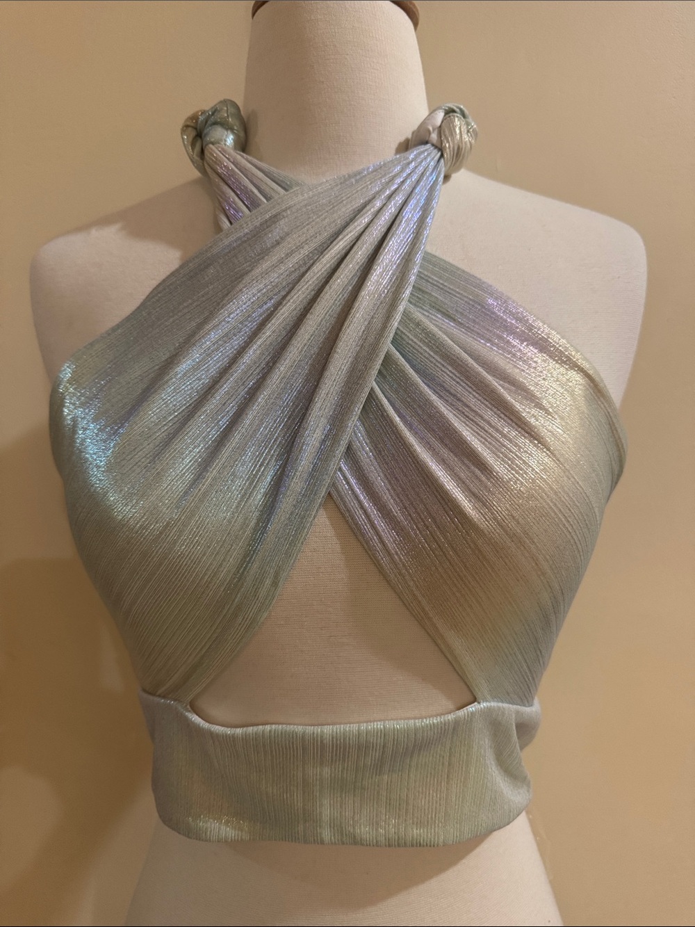Akira Iridescent Metallic Crossfront Halter Crop Top